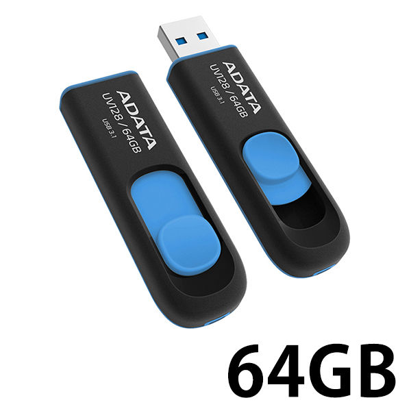 アスクル】USBメモリー 64GB スライド式 ADATA USB3.0対応 AUV128-64G-RBE ブラック×ブルー 通販  ASKUL（公式）
