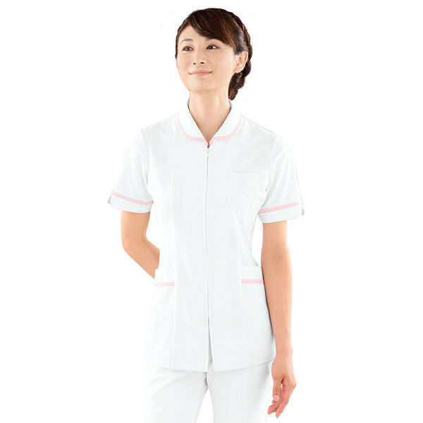 アスクル】KAZEN レディスジャケット半袖 （ナースジャケット） 医療白衣 ホワイト×ピンク L 101-23（直送品） 通販 ASKUL（公式）