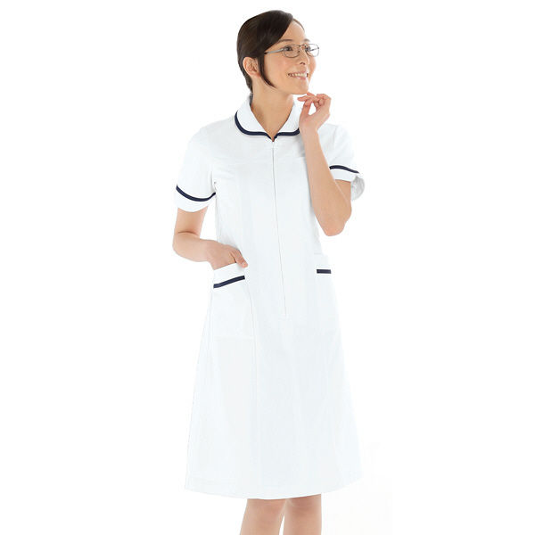 KAZEN ワンピース半袖 （ナースワンピース） 医療白衣 ホワイト×ネイビー S 021-28（直送品）