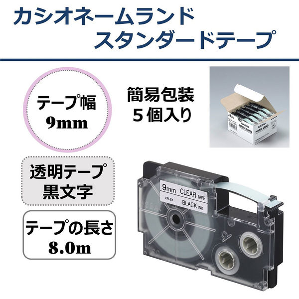 CASIO カシオ ネームランド XRラベルテープ互換 9mmＸ8m透明黒10個