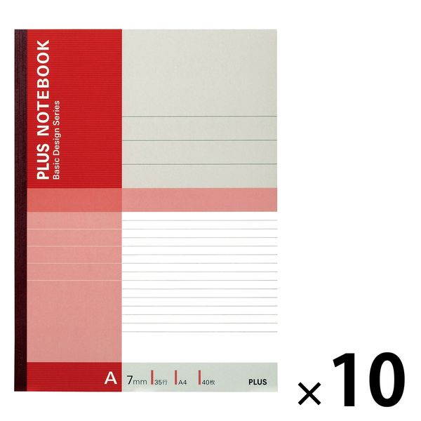 プラス 無線綴じノート ベーシック A4 A罫 40枚 赤 1パック（10冊入） 75087