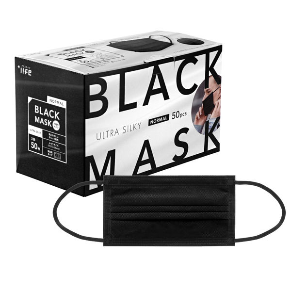 不織布マスク 50枚入/箱 個包装あり 普通サイズ ブラック 黒　シルキー裏地 BFEフィルター採用 大人用 男女兼用 使い捨てマスク（直送品）