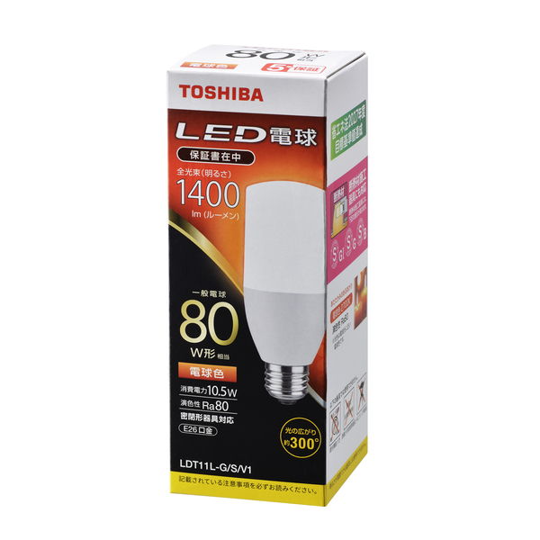 アスクル】東芝 T形 LED電球 LDT11L-G/S/V1 E26口金 80W形相当 電球色