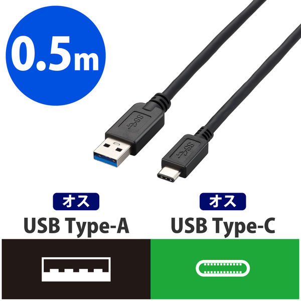エレコム USB3.1ケーブル/Gen2/認証品/3A出力 A-Cタイプ ブラック 0.5m USB3-AC05NBK 1本（直送品）