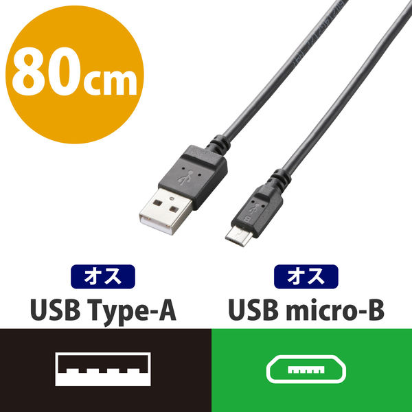 アスクル】エレコム microUSBスリムケーブル/2A出力 Aオス-MicroBオス ブラック 0.8m USB2.0 MPA-AMBX2U08BK  1個 通販 ASKUL（公式）