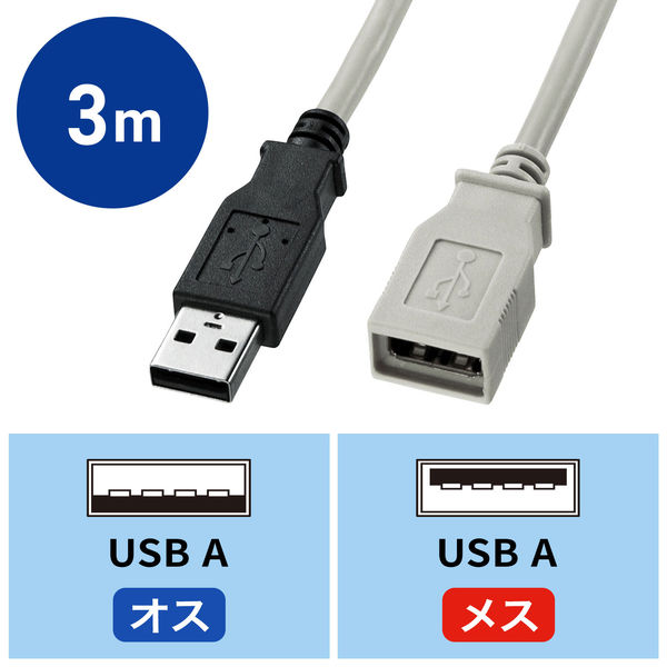 国内正規 (まとめ) サンワサプライ USB延長ケーブル （A）オス-（A）メス ライトグレー 3m KU-EN3K 1本 〔×10セット〕 