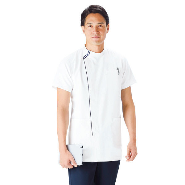 KAZEN メンズジャケット半袖 開催中 品質のいい 医療白衣 ホワイト×ネイビー 直送品 M 052-28