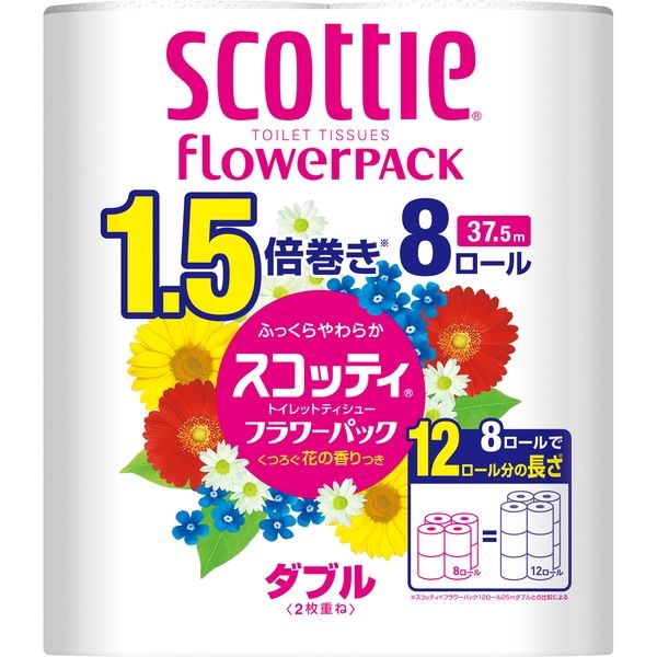 日本製紙クレシア スコッティフラワーパック1.5倍巻き8ロールダブル 4901750263508 8巻×8点セット（直送品）