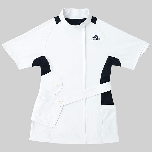 KAZEN adidas（アディダス）レディスジャケット 医療白衣 半袖 ホワイト+ネイビー S SMS007-18（直送品）