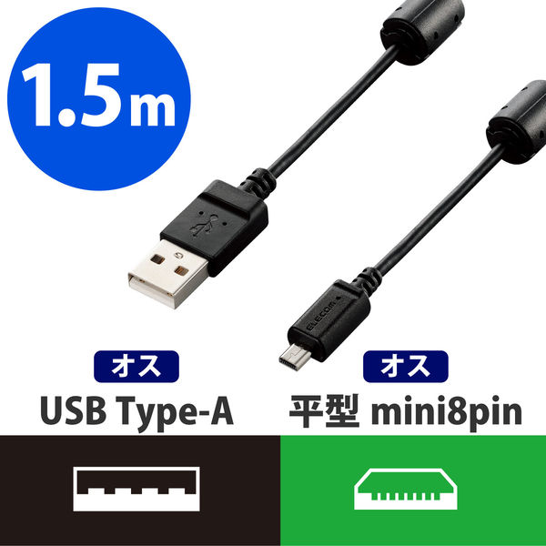 エレコム デジカメ用USBケーブル フェライトコア 平型8ピン 1.5m DGW-F8UF15BK 1個 - アスクル