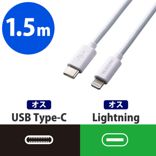 アスクル】エレコム ライトニングケーブル USB(C)[オス]-Lightning[オス] 1.5m USB PD対応/高速充電 MPA-CL15WH  通販 ASKUL（公式）