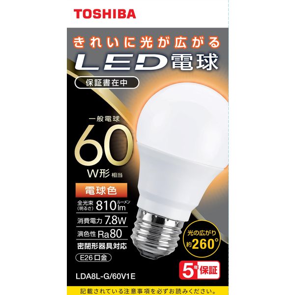 東芝 一般電球形LED電球 E26口金 60W形相当 電球色 （全方向 260度
