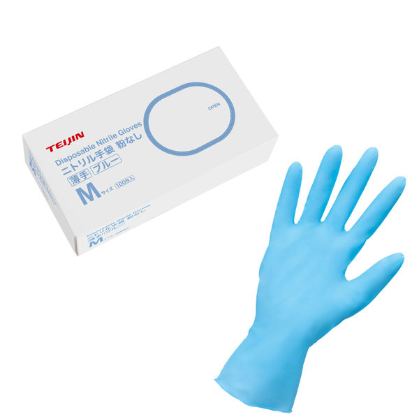 アスクル】ニトリル手袋（薄手） 粉なし ブルー M 1箱（100枚入） 帝人 