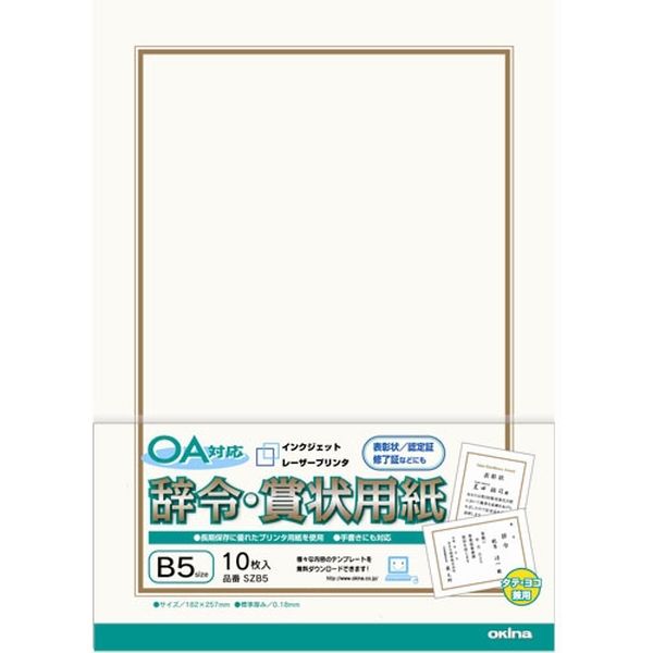 オキナ OA対応辞令・賞状用紙 B5 10枚×10パック SZB5 1セット（直送品）