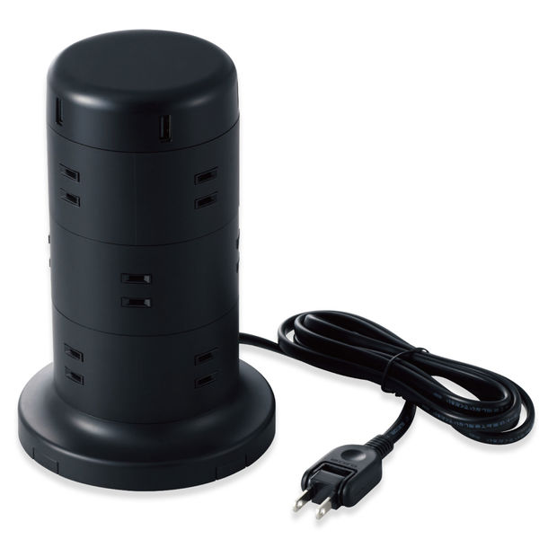 タワー型 電源タップ USBタップ 2m 12口 USB×5 雷ガード ほこり防止 黒
