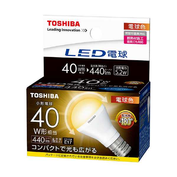 【アスクル】 東芝ライテック LED電球 40W形 ミニクリプトン形 440lm 電球色 広配光 LDA5L-G-E17/S/D40W 通販