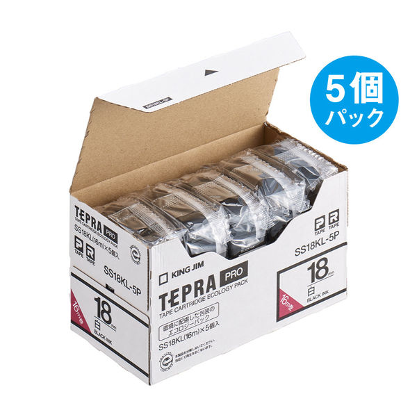 テプラ TEPRA PROテープ ロングタイプ 16m巻 幅18mm 白ラベル(黒文字) SS18KL-5P 1箱（5個入）