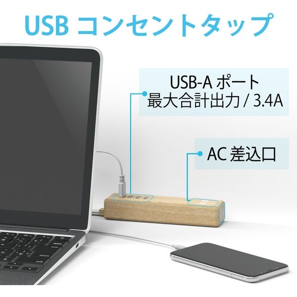 アスクル】USBタップ 電源タップ 延長コード AC 2個口 USB A×4 1.5m オーク ECT-0415O エレコム 1個 通販  ASKUL（公式）