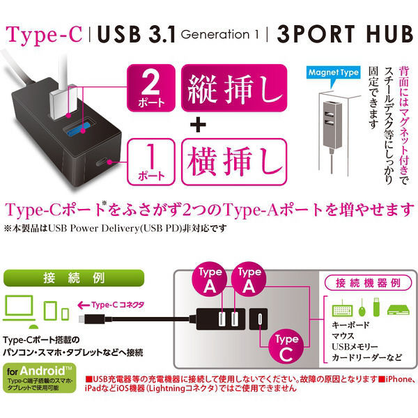 アスクル】ナカバヤシ Type-C/USB3.1Gen1/3ポートハブ/30cm/ホワイト UH-C3133W 1個（直送品） 通販  ASKUL（公式）