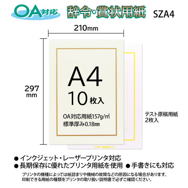 オキナ OA対応辞令・賞状用紙 A4 210×297ミリ SZA4 1セット（100枚：10枚入×10袋）