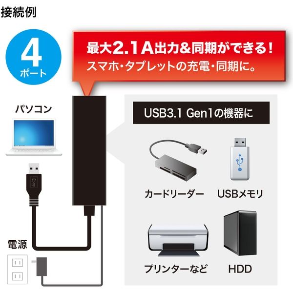 アスクル】 サンワサプライ 急速充電ポート付きUSB3.1 Gen1 ハブ USB-3H420BK 1個 通販 - ASKUL（公式）