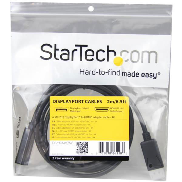 DisplayPort 1.2 - HDMI ケーブル／2m DP2HDMM2MB 1個 StarTech.com