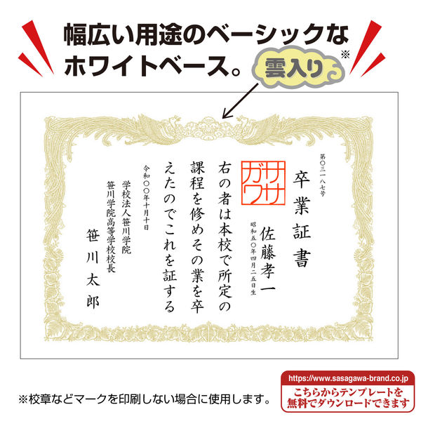 ササガワ タカ印 OA賞状用紙 白 B5判 縦書用 10-1050 100枚（10枚袋入×10冊箱入）（取寄品）