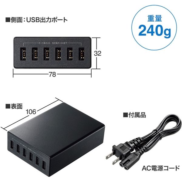 アスクル】サンワサプライ USB充電機 AC充電機 6ポート 12A 高耐久仕様 ブラック ACA-IP67BK 1台 通販 ASKUL（公式）