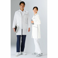 KAZEN メンズコート診察衣（ハーフ丈） ドクターコート 長袖 オフホワイト×ネイビー シングル S 114-18（直送品）