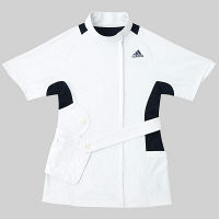 KAZEN adidas（アディダス）レディスジャケット 医療白衣 半袖 ホワイト+ネイビー L SMS007-18（直送品）