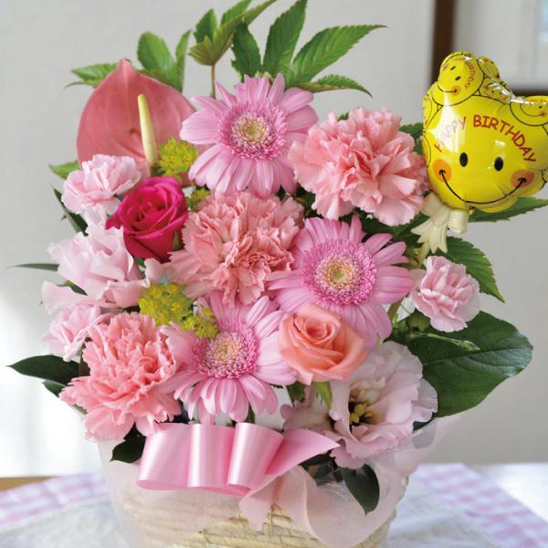 Lohaco フラワーギフト 旬のおまかせお祝いピンク ハッピーバースデースマイルバルーン 生花 送料無料 フラワーギフト Flowerkitchen